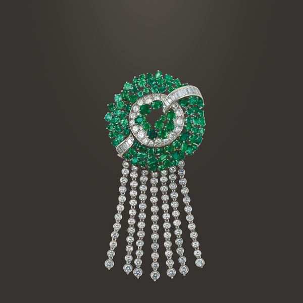 PLATINUM, EMERALDS AND DIAMONDS BROOCH, FASANO