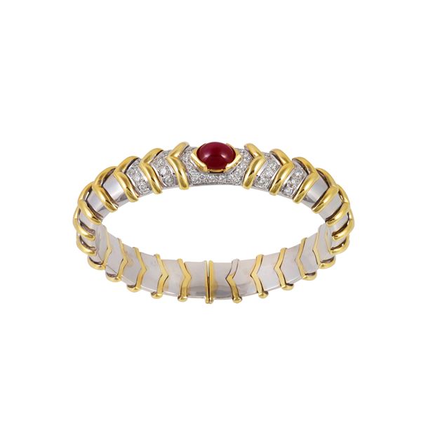 18KT GOLD, DIAMONDS AND RUBY BANGLE, LEGNAZZI