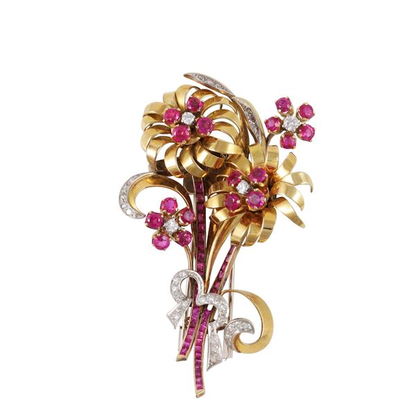 18KT GOLD, PLATINUM, RUBIES AND DIAMONDS BROOCH