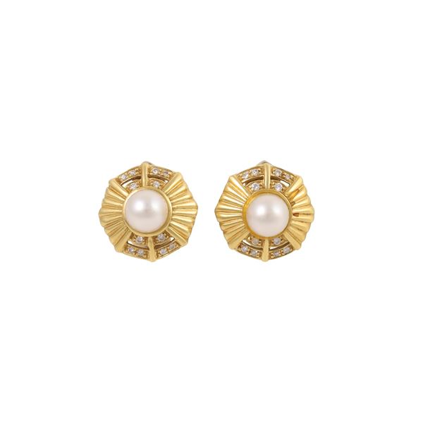 18KT GOLD, CULTURED PEARL AND DIAMOND EARRINGS