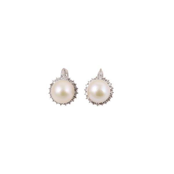 18KT GOLD, CULTURED PEARL AND DIAMOND EARRINGS