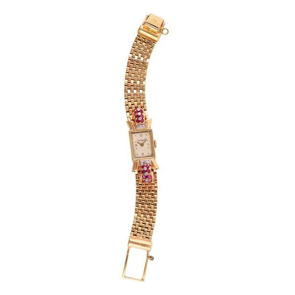 14KT GOLD AND PLATINUM WRISTWATCH WITH RUBIES AND DIAMONDS, EBERHARD