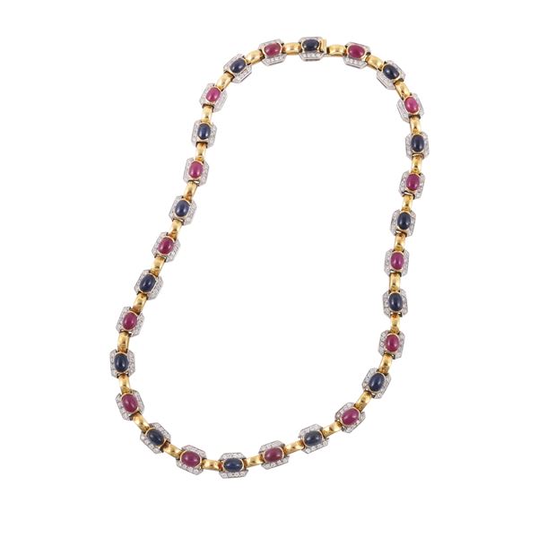 18KT GOLD, SAPPHIRES, RUBIES AND DIAMONDS NECKLACE