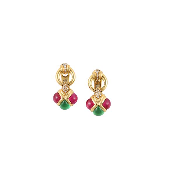 18KT GOLD, DIAMOND AND SYNTHETIC GEM EARRINGS  - Auction JEWELRY, SILVER AND LUXURY BAG - Casa d'Aste International Art Sale