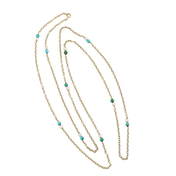 18KT GOLD, CULTURED PEARL AND TURQUOISE NECKLACE