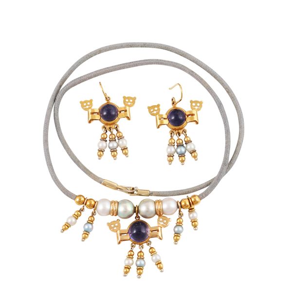 18KT GOLD LOT OF NECKLACE AND EARRINGS WITH CULTURED PEARLS AND IOLITES  - Auction JEWELRY, SILVER AND LUXURY BAG - Casa d'Aste International Art Sale