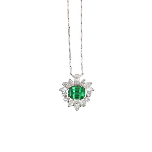 18KT GOLD, DIAMONDS AND GREEN TOURMALINE PENDANT, CUSI. WITH 18KT GOLD CHAIN