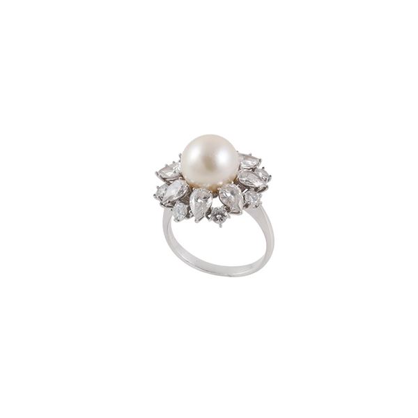 PLATINUM, CULTURE PEARL AND DIAMONDS RING