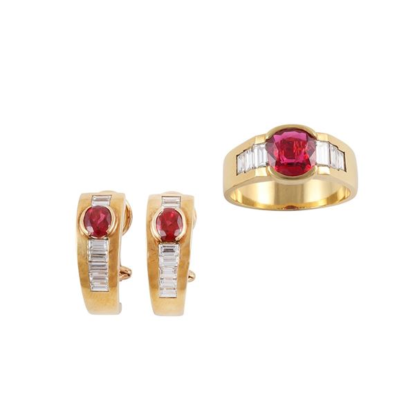 18KT GOLD SET OF RING AND EARRINGS WITH RED SPINELS AND DIAMONDS
