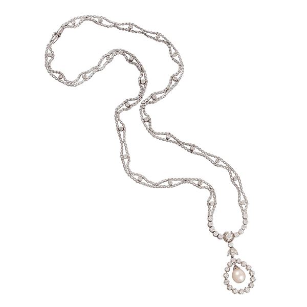 18KT GOLD, DIAMONDS AND CULTURED PEARL NECKLACE