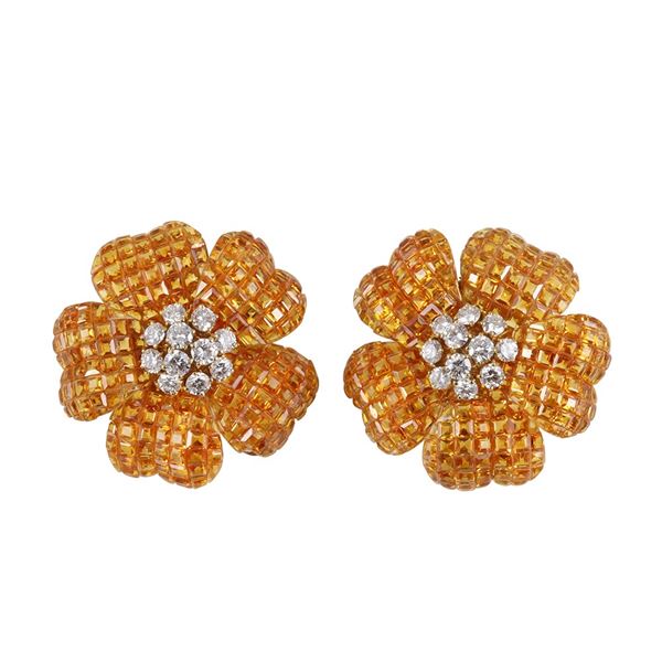 18KT GOLD, "SERTI INVISIBLE" YELLOW SAPPHIRE AND DIAMOND EARRINGS, BY SABBADINI