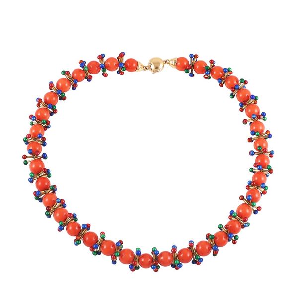 ~ 18KT GOLD, CORAL AND ENAMEL NECKLACE