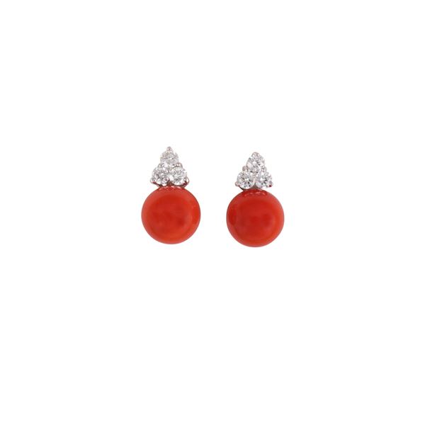 ~ 18KT GOLD, CORAL AND DIAMOND EARRINGS