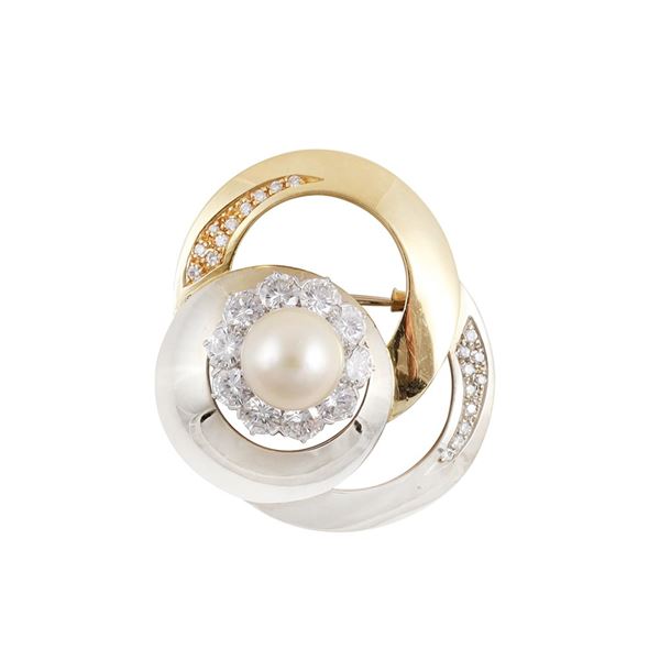 18KT GOLD, DIAMONDS AND CULTURED PEARL BROOCH, BY CUSI