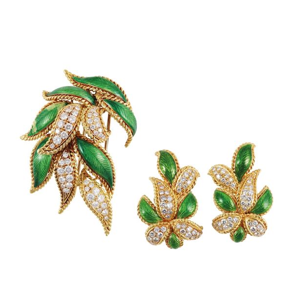 18KT GOLD LOT OF BROOCH AND CLIP EARRINGS WITH DIAMONDS AND ENAMEL (missing)