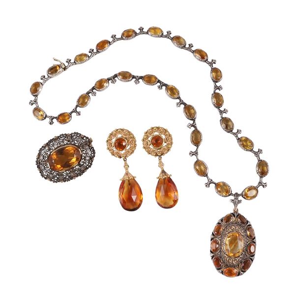 18KT GOLD AND SILVER LOT OF NECKLACE, BROOCH AND EARRINGS WITH QUARTZ