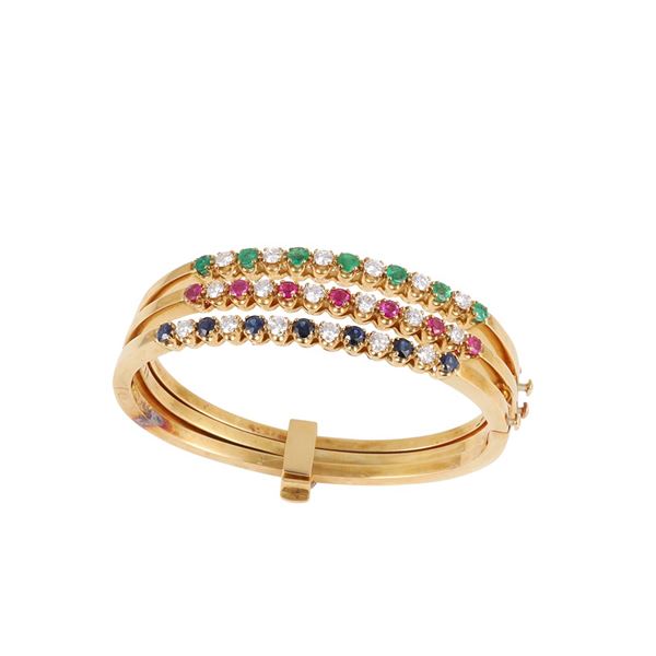 18KT GOLD SET OF THREE BRACELETS WITH RUBY, EMERALD, SAPPHIRE AND DIAMOND