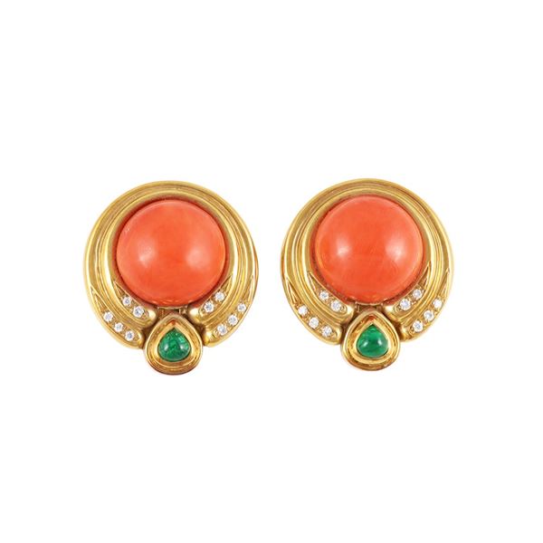 ~ 18KT GOLD, CORAL, DIAMONDS AND EMERALD EARRINGS