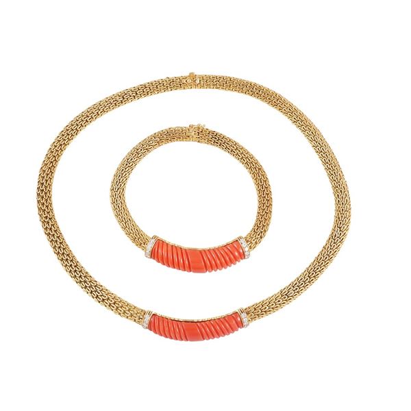 18KT GOLD NECKLACE AND BRACELET WITH CORAL AND DIAMOND, BY MASELLA for SEGANTINI