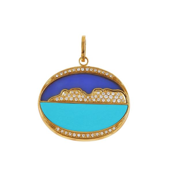 18KT GOLD, CALCEDONY, TURQUIOSE PASTE AND DIAMOND PENDANT