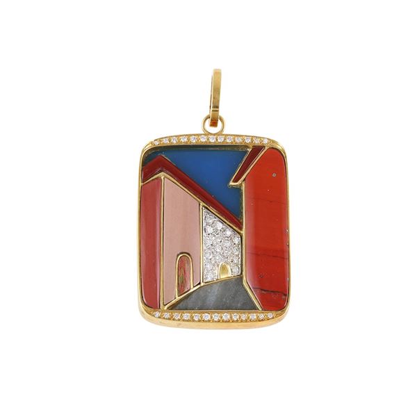 18KT GOLD, DIAMOND AND HARD STONES PENDANT