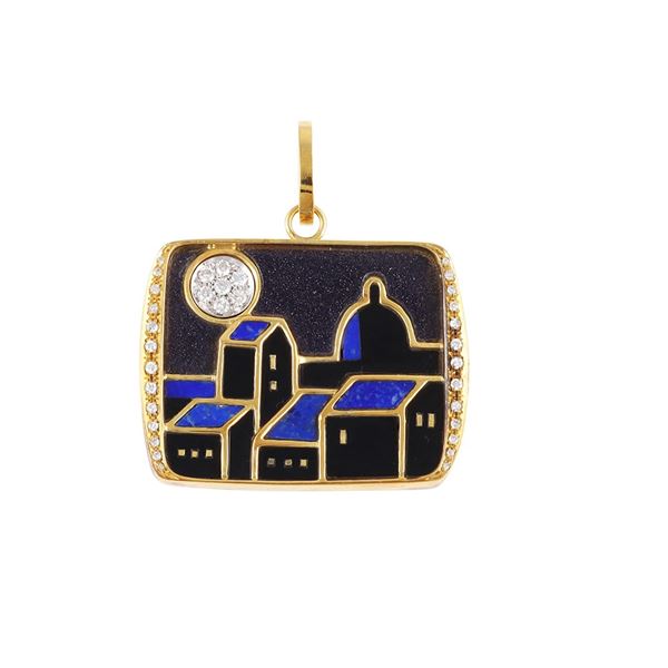 18KT GOLD, LAPISLAZULI, ONYX, ENAMEL AND DIAMOND PENDANT