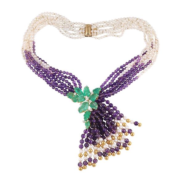 18KT GOLD, CULTURED PEARL, AMETHYST, ENGRAVED EMERALD (small chip) AND DIAMOND NECKLACE