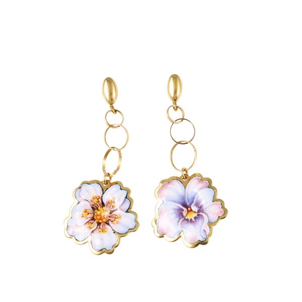 * 18KT GOLD, COPPER AND ENAMEL EARRINGS, BY GABRIELLA RIVALTA "I fiori di Giano"