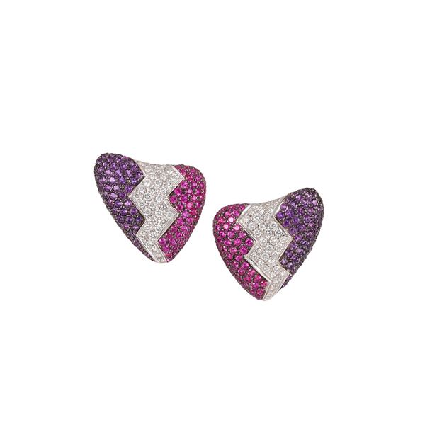 * 18KT GOLD, DIAMOND, AMETHYST AND RED SPINEL EARRINGS, RINALDO GAVELLO