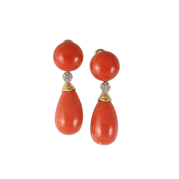 * ~ 18KT GOLD, CORAL AND DIAMOND CLIP EARRINGS