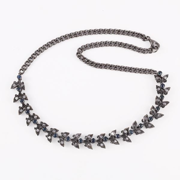 * 18KT GOLD AND 925 SILVER NECKLACE WITH ROSE CUT DIAMONDS AND SAPPHIRES