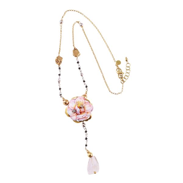 * 18KT GOLD, QUARTZ, DIAMONDS, ONYX AND ENAMEL NECKLACE, BY GABRIELLA RIVALTA