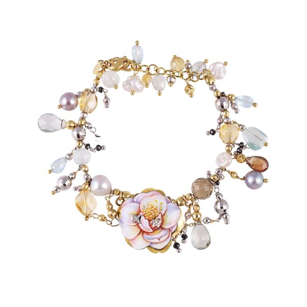 * 18 KT GOLD, COPPER, FRESHWATER PEARLS, GEMSTONES, ONYX, DIAMONDS AND ENAMEL BRACELET, GABRIELLA RIVALTA