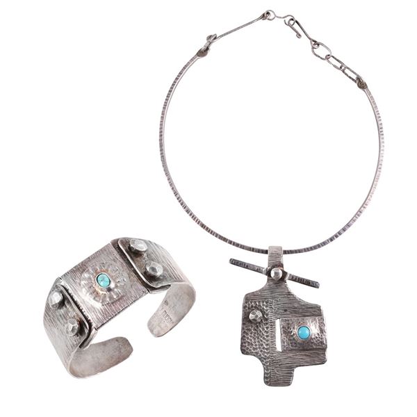 800 SILVER LOT OF BRACELET AND NECKLACE WITH TURQUOISES, BY ILARIO CUOGHI