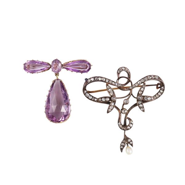 GOLD AND SILVER BROOCH WITH ROSE-CUT DIAMONDS AND PEARL, AND 14KT GOLD BROOCH WITH AMETHYSTS