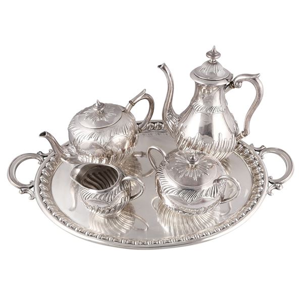 900 SILVER TEA AND COFFEE SERVICE WITH TRAY