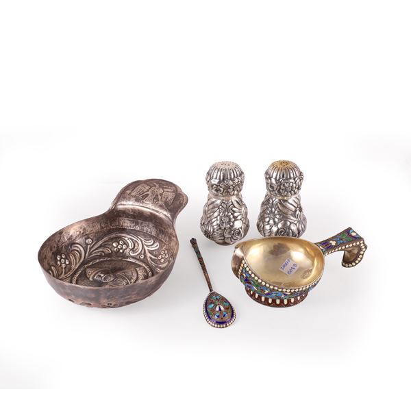84 AND 88 ZOLOTNIK SILVER RUSSIAN LOT OF TWO KOVSH AND SALT AND PEPPER SET