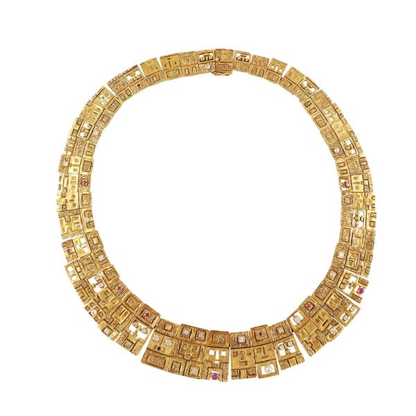 18 KT GOLD AND SYNTHETIC GEMS SET OF NECKLACE, BRACELET AND BROOCH, ANTON FRÜHAUF