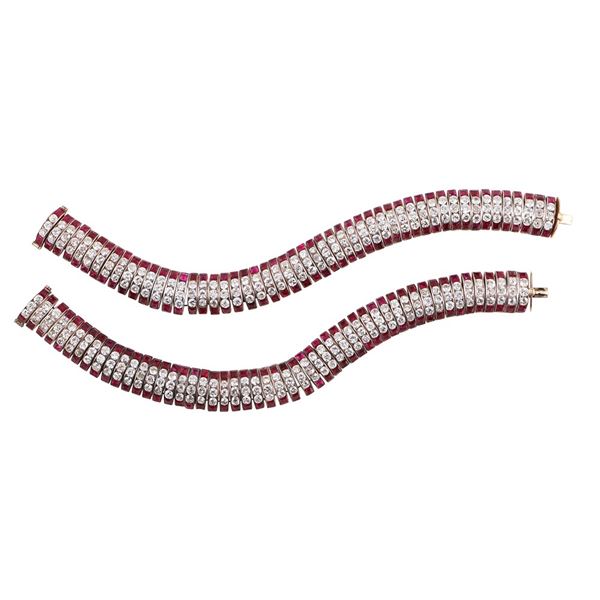 18KT GOLD AND SILVER TWO BRACELETS WITH OLD EUROPEAN CUT DIAMONDS AND RUBIES 