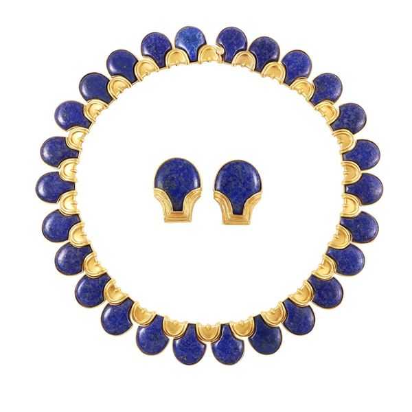 18KT GOLD LOT OF NECKLACE AND EARRINGS WITH LAPISLAZULI