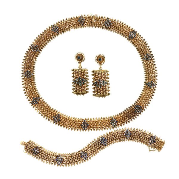 METAL SET OF NECKLACE, BRACELET AND EARRINGS WITH SAPPHIRE, INDIA