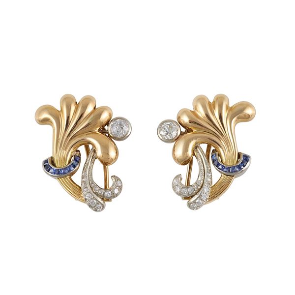 18KT GOLD, DIAMONDS AND SAPPHIRES EARRINGS