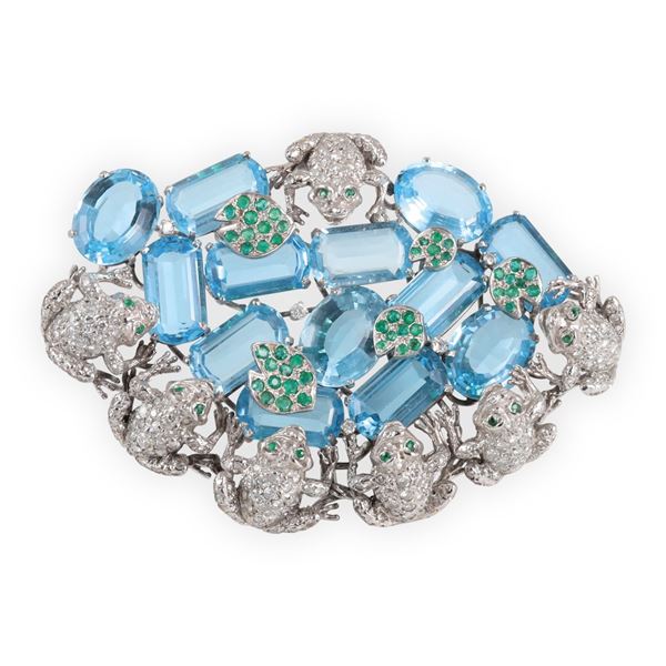 18KT GOLD, BLUE TOPAZ, DIAMONDS (one missing) AND EMERALD BROOCH, BY MARTA MARZOTTO