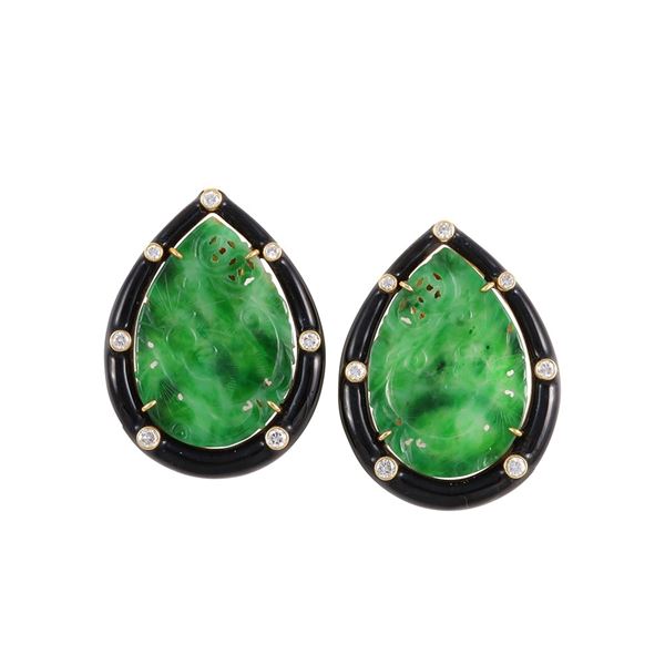 18KT GOLD, JADEITE, ENAMEL AND DIAMOND EARRINGS