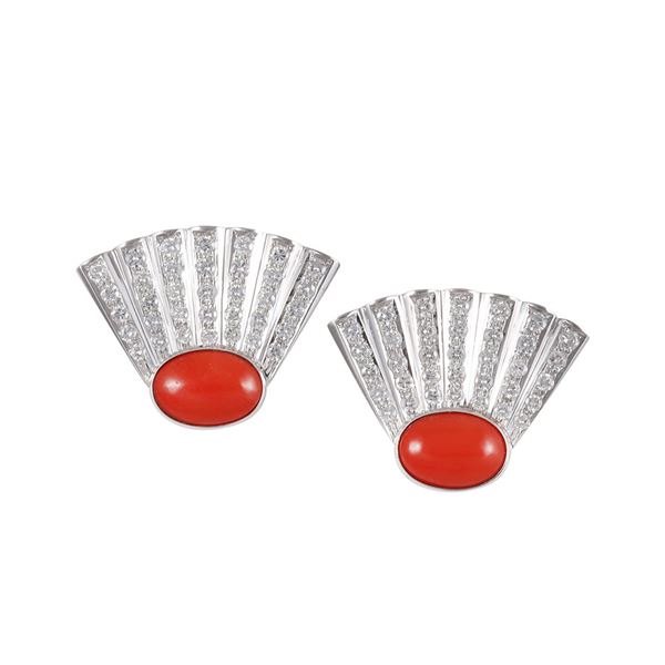 ~ 18KT GOLD, CORALS AND DIAMONDS EARRINGS
