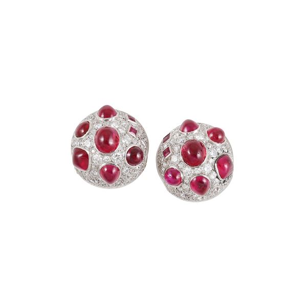 PLATINUM AND 18KT GOLD EARRINGS WITH DIAMONDS AND RUBIES
