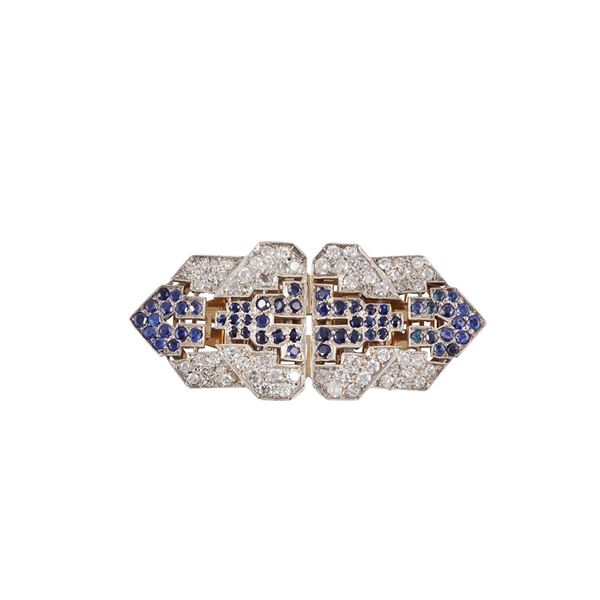 18KT GOLD AND SILVER DOUBLE CLIP BROOCH WITH DIAMONDS AND SAPPHIRES