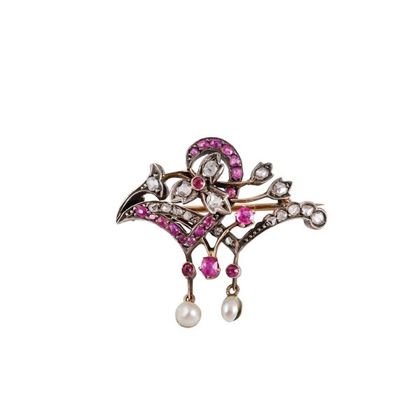 18KT GOLD, SILVER, RUBIES, ROSE CUT DIAMONDS AND PEARLS BROOCH
