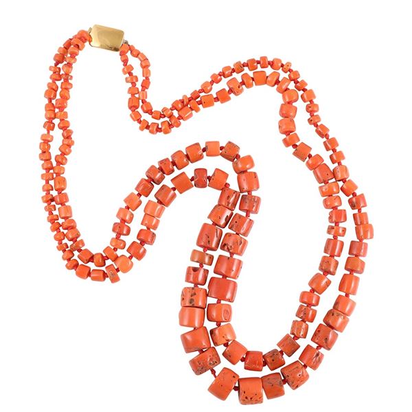 ~ TWO STRAND CORAL NECKLACE, WITH 18KT GOLD CLASP