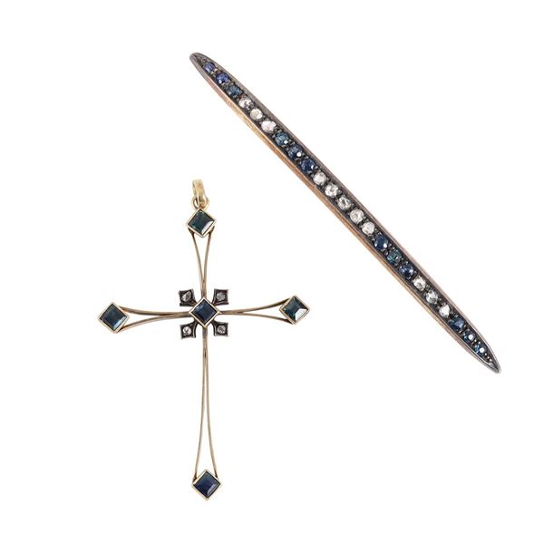 LOT OF 18KT GOLD AND SILVER BROOCH AND PENDANT WITH SAPPHIRES AND ROSE CUT DIAMONDS